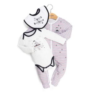 Kit naissance 3 pièces : grenouillère,body ml et bavoir