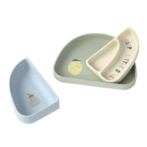 LÄSSIG Ensemble de vaisselle en silicone – Ensemble de vaisselle pour enfants en forme d'arc-en-ciel (Happy Fruits Citron)