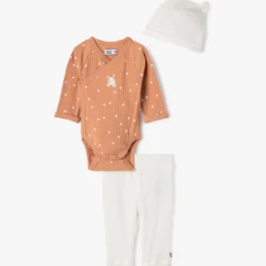 Kit naissance évolutif 3pièces:body ML,pantalon et bonnet blanc et marron