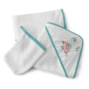 Sortie de bain avec cap 75cm×75cm blanc/vert et gant assorti,Naf Naf