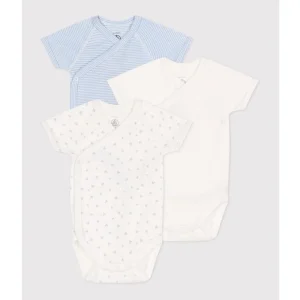 Ensemble de 3 Bodies en Coton à Manches Courtes - Cœurs/Rayures/Bleu