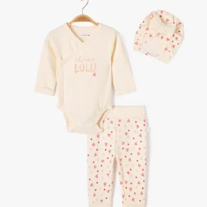 Kit naissance évolutif 3pièces: body ML, pantalon et bonnet ,écru et rose