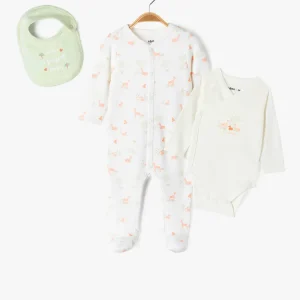 Kit naissance 3 pièces:bavoir, grenouillère,body ML,blanc et vert d'eau