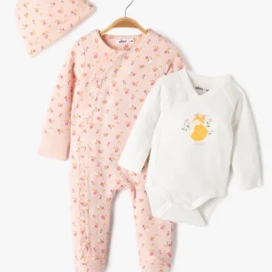 Kit naissance 3 pièces:grenouillère (moufles intégrées,body ML et bonnet rose et blanc