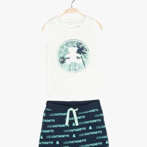 Ensemble 2 pièces : débardeur et short blanc et bleu marine