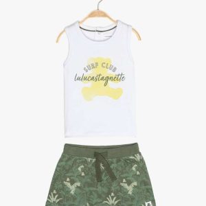 Ensemble 2 pièces débardeur et short blanc et vert kaki