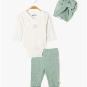 Kit naissance évolutif 3pièces:body ML,pantalon et bonnet blanc et vert d'eau