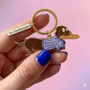 Porte-clé French Saucisse - Teckel Parisien avec Baguette et Pull Tricoté - Marron