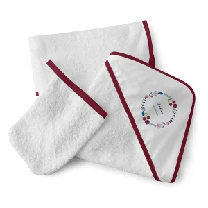 Sortie de bain blanc/rouge 75cmx75cm avec capuche et gant assorti,Naf Naf