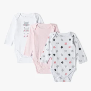 Lot de 3 bodys ML,  blanc et rose à motifs chats