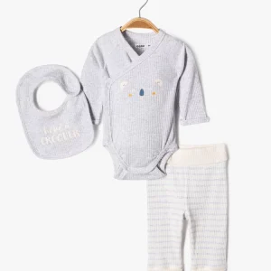 Kit naissance évolutif 3pièces:body ML,pantalon et bavoir,gris et écru