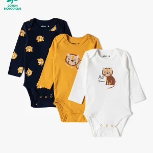 Lot de 3 bodys ML , noir, jaune et blanc à motif lion