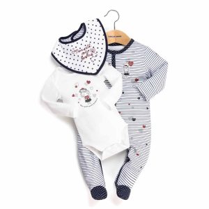 Kit naissance 3 pièces : grenouillère,body ml et bavoir