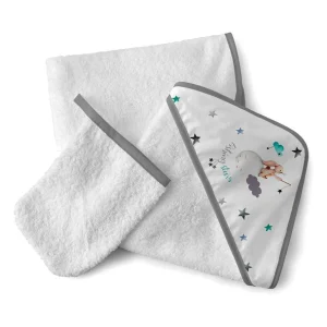 Sortie de bain blanc/gris  75cm×75cm avec capuche et gant assorti, Naf Naf