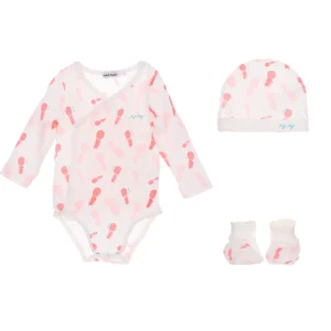 Ensemble 3 pièces : body ML,bonnet et chaussettes Blanc et rose