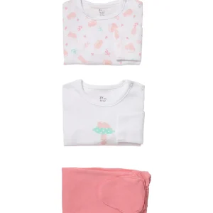 Ensemble 3 pièces Blanc, saumon et rose : 2 Bodys ML et 1 pantalon à pieds
