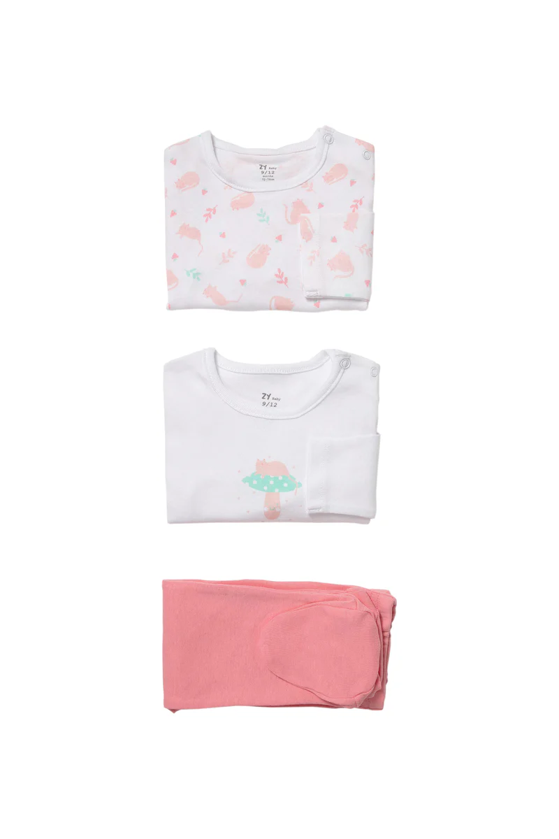 Ensemble 3 pièces Blanc, saumon et rose : 2 Bodys ML et 1 pantalon à pieds